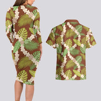 Brown Hawaii Plumeria Lei With Tropical Leaves Couples Matching Long Sleeve Bodycon Dress and Hawaiian Shirt