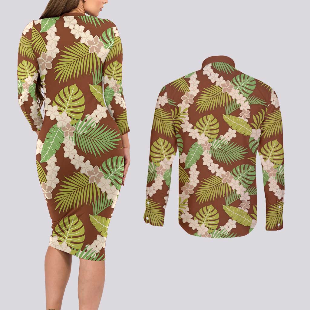 Brown Hawaii Plumeria Lei With Tropical Leaves Couples Matching Long Sleeve Bodycon Dress and Long Sleeve Button Shirt