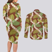 Brown Hawaii Plumeria Lei With Tropical Leaves Couples Matching Long Sleeve Bodycon Dress and Long Sleeve Button Shirt