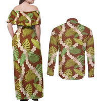 Brown Hawaii Plumeria Lei With Tropical Leaves Couples Matching Off Shoulder Maxi Dress and Long Sleeve Button Shirt