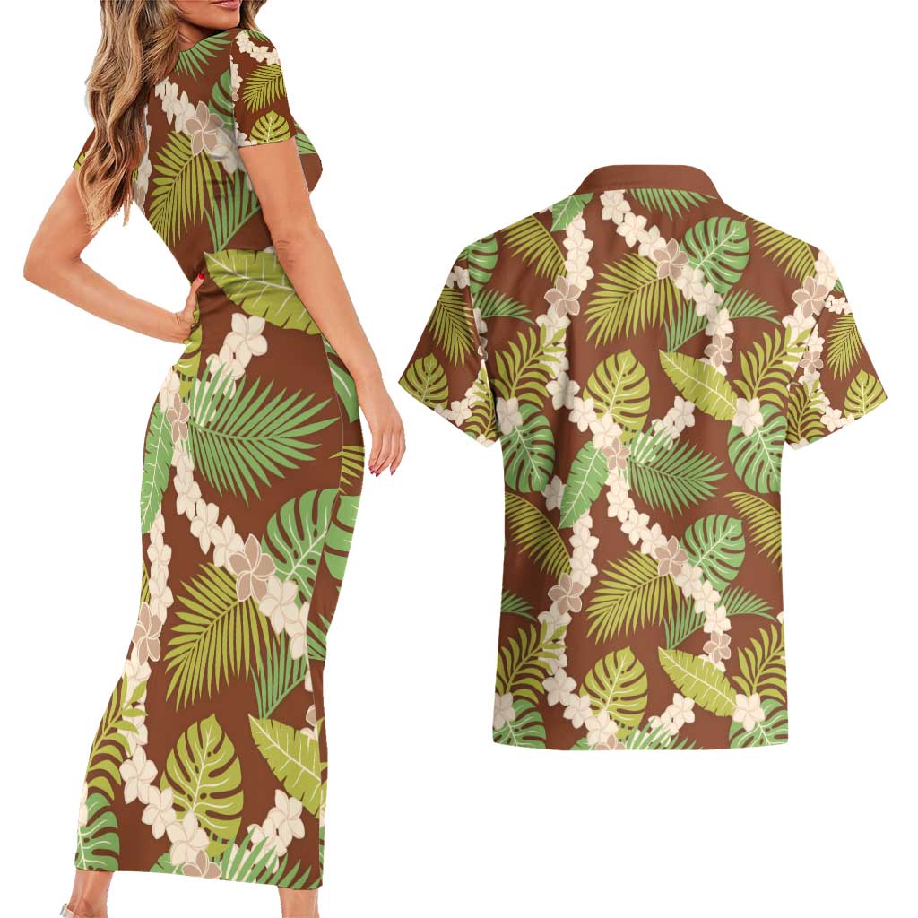 Brown Hawaii Plumeria Lei With Tropical Leaves Couples Matching Short Sleeve Bodycon Dress and Hawaiian Shirt