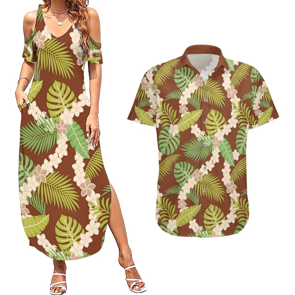 Brown Hawaii Plumeria Lei With Tropical Leaves Couples Matching Summer Maxi Dress and Hawaiian Shirt LT14 Brown - Polynesian Pride