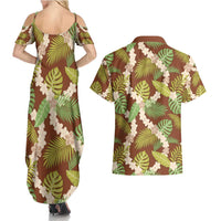 Brown Hawaii Plumeria Lei With Tropical Leaves Couples Matching Summer Maxi Dress and Hawaiian Shirt LT14 - Polynesian Pride