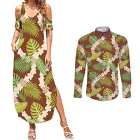 Brown Hawaii Plumeria Lei With Tropical Leaves Couples Matching Summer Maxi Dress and Long Sleeve Button Shirt LT14 Brown - Polynesian Pride