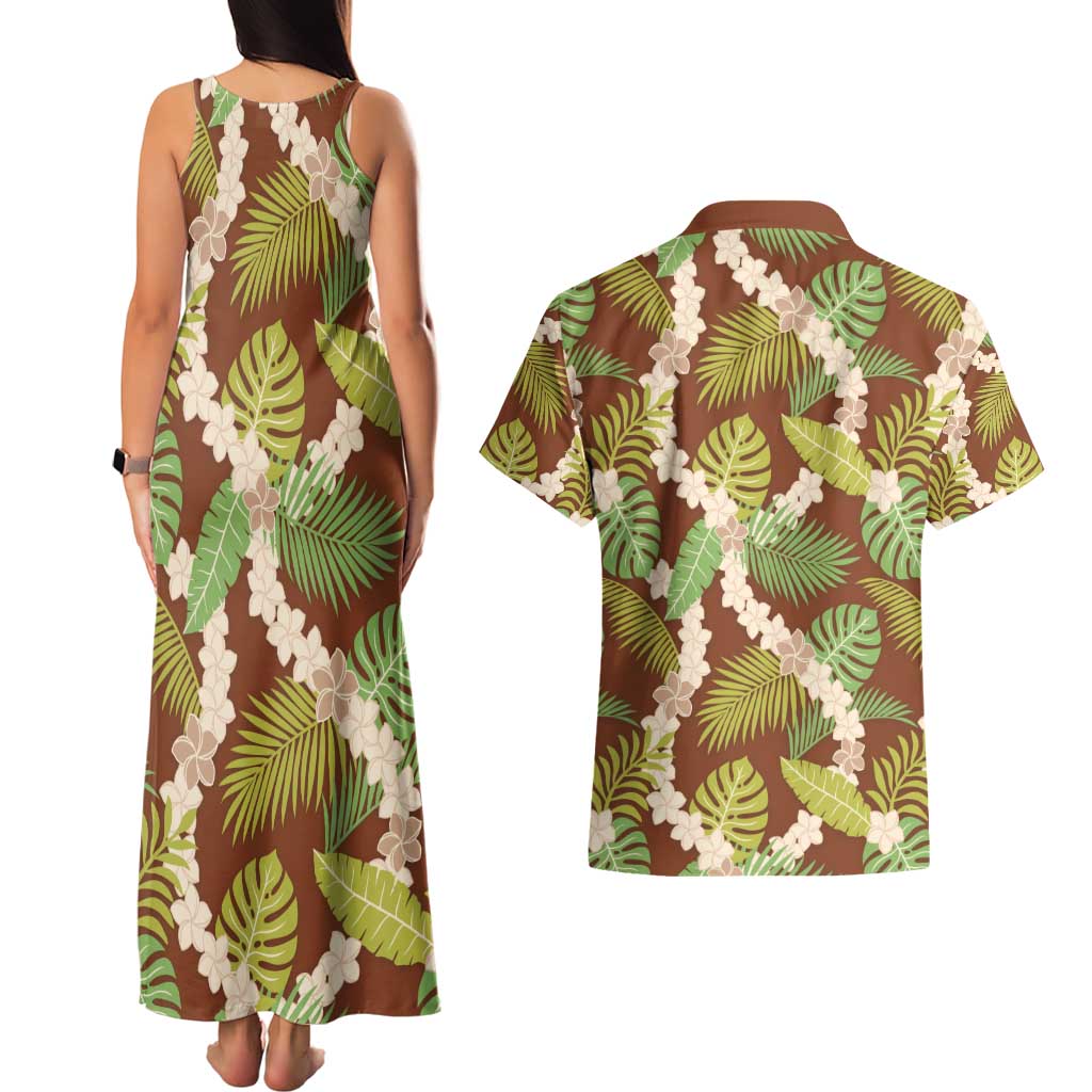 Brown Hawaii Plumeria Lei With Tropical Leaves Couples Matching Tank Maxi Dress and Hawaiian Shirt LT14 - Polynesian Pride