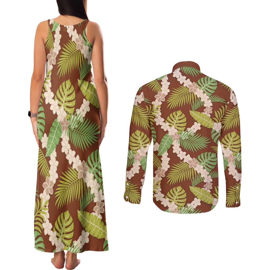 Brown Hawaii Plumeria Lei With Tropical Leaves Couples Matching Tank Maxi Dress and Long Sleeve Button Shirt LT14 - Polynesian Pride