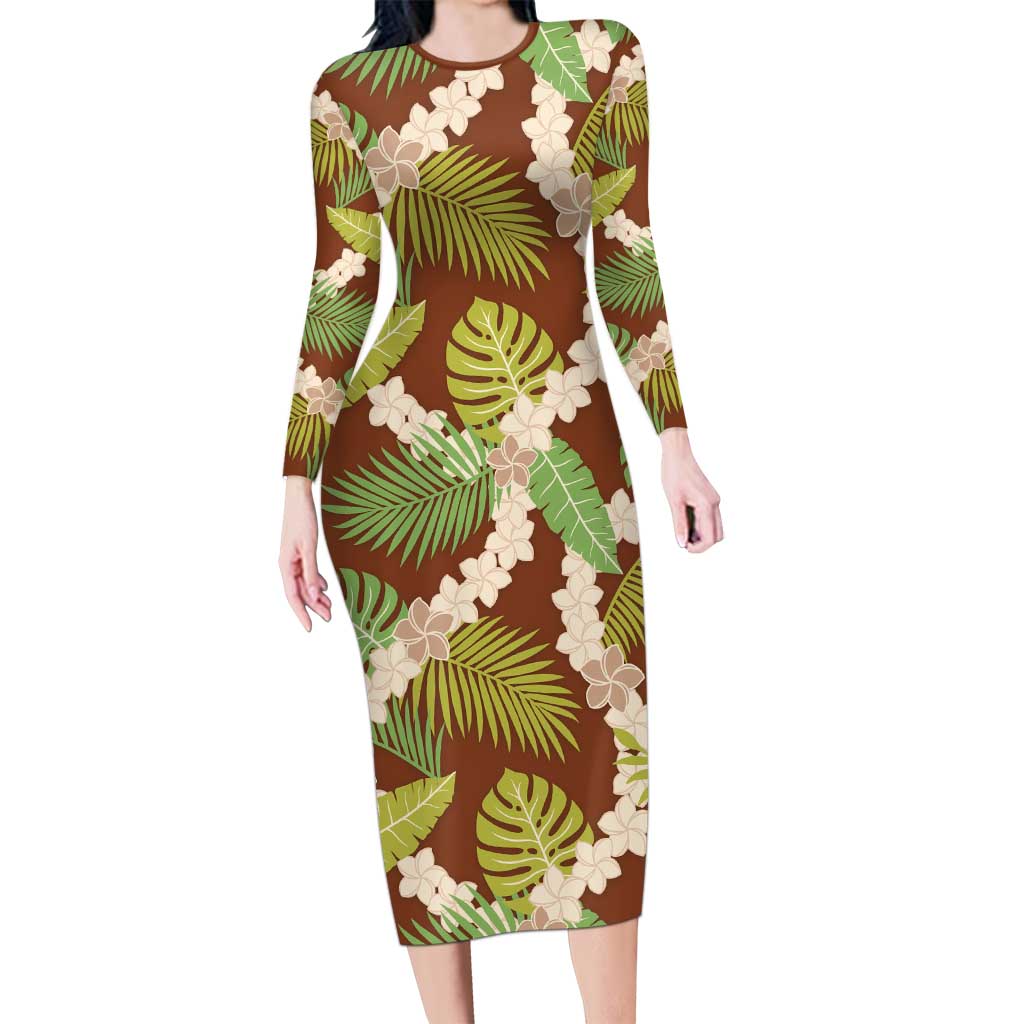 Brown Hawaii Plumeria Lei With Tropical Leaves Family Matching Long Sleeve Bodycon Dress and Hawaiian Shirt LT14 Mom's Dress Brown - Polynesian Pride