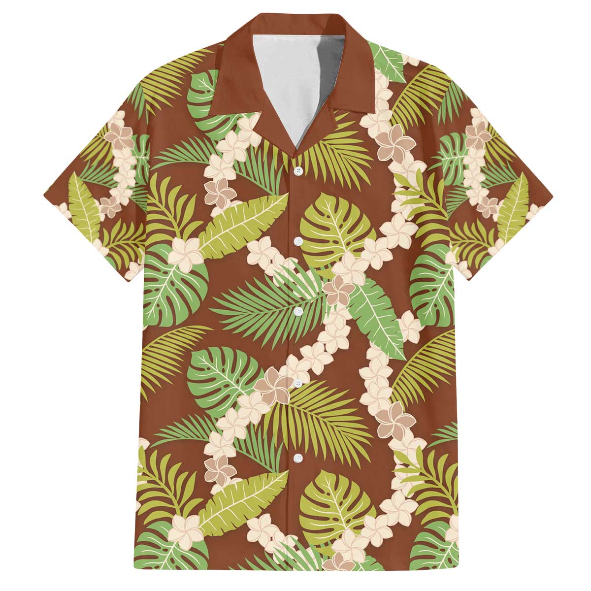 Brown Hawaii Plumeria Lei With Tropical Leaves Family Matching Off The Shoulder Long Sleeve Dress and Hawaiian Shirt