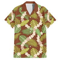 Brown Hawaii Plumeria Lei With Tropical Leaves Family Matching Off The Shoulder Long Sleeve Dress and Hawaiian Shirt