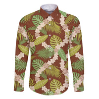 Brown Hawaii Plumeria Lei With Tropical Leaves Family Matching Off The Shoulder Long Sleeve Dress and Hawaiian Shirt