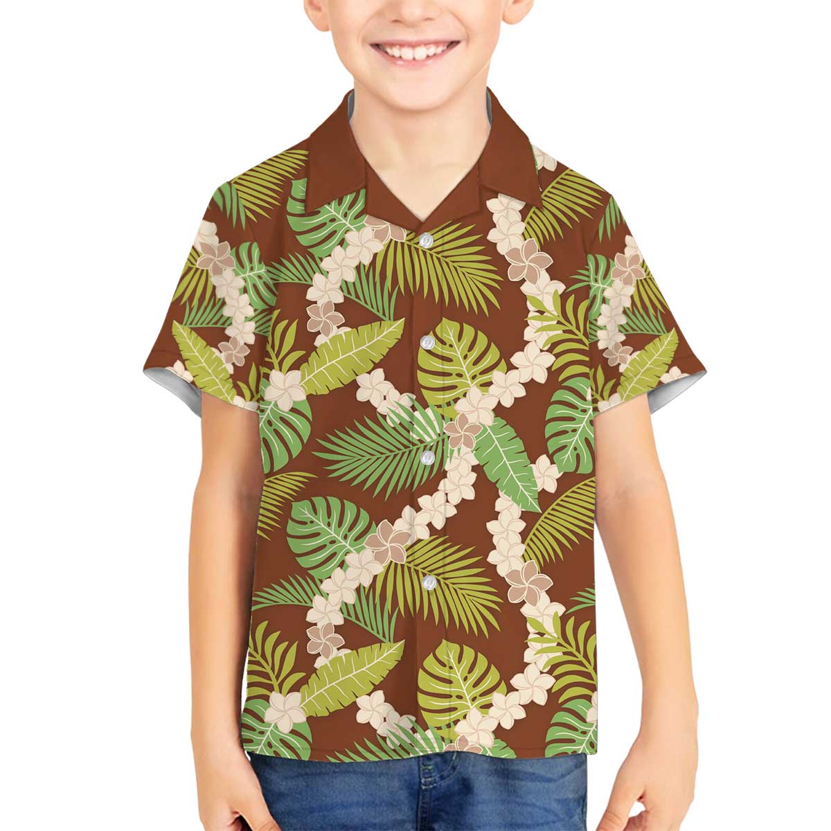 Brown Hawaii Plumeria Lei With Tropical Leaves Family Matching Off The Shoulder Long Sleeve Dress and Hawaiian Shirt