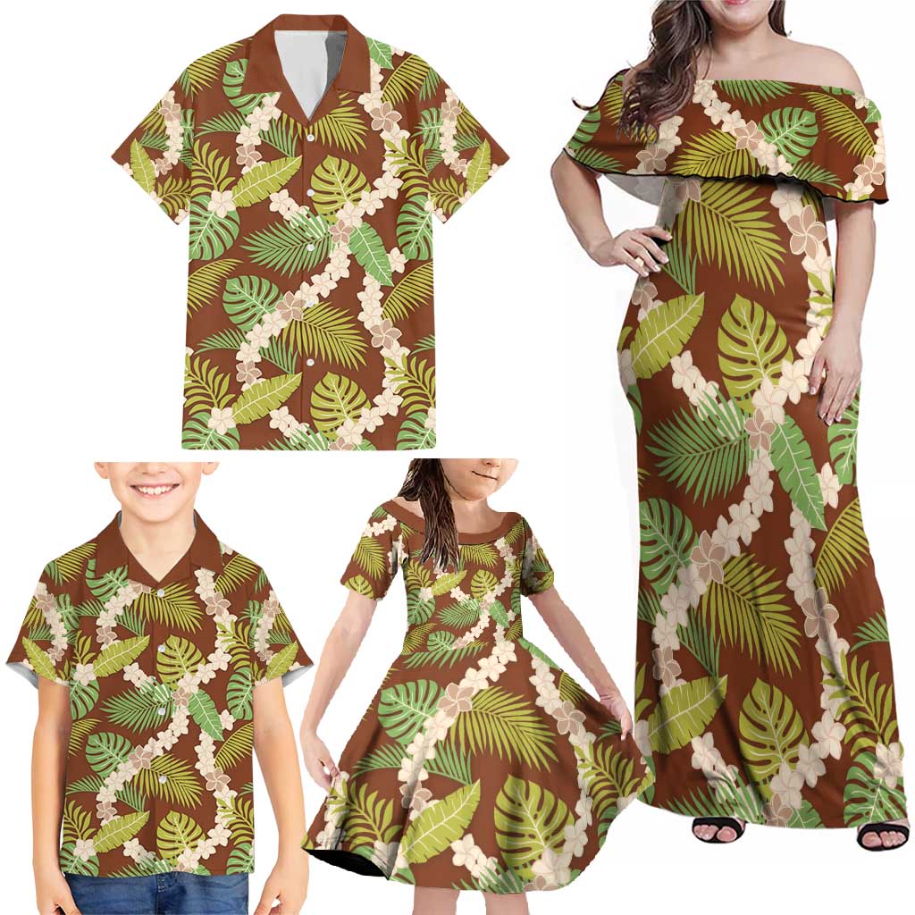 Brown Hawaii Plumeria Lei With Tropical Leaves Family Matching Off Shoulder Maxi Dress and Hawaiian Shirt LT14 - Polynesian Pride