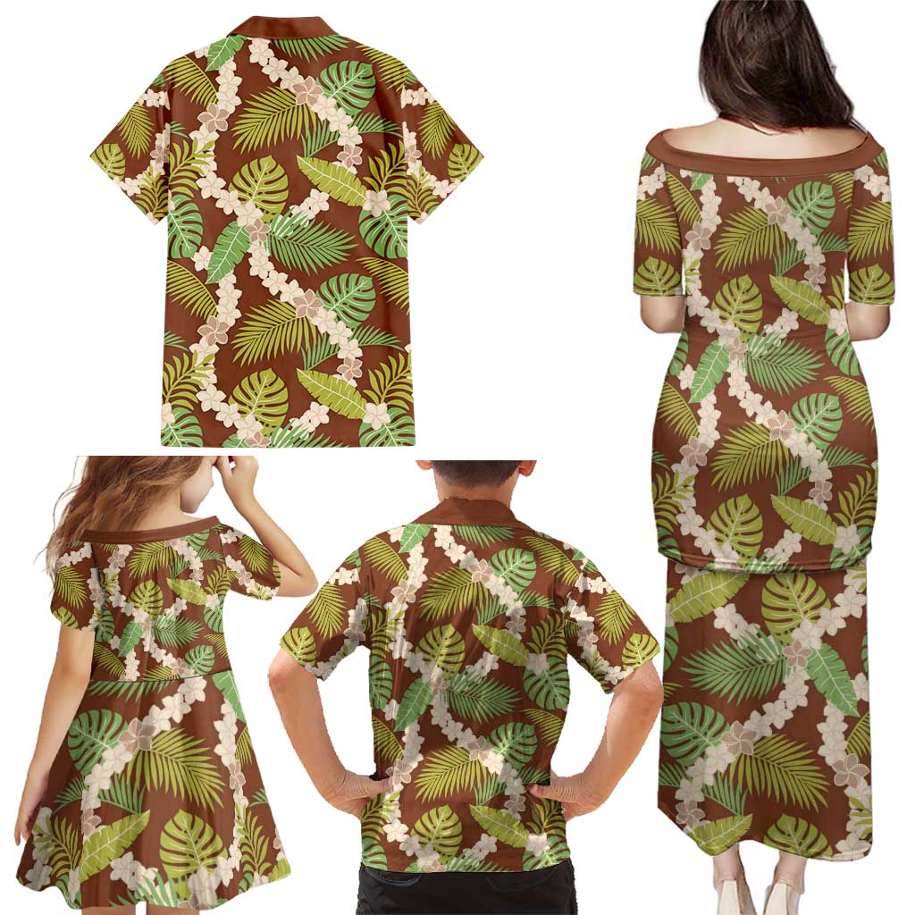 Brown Hawaii Plumeria Lei With Tropical Leaves Family Matching Puletasi and Hawaiian Shirt