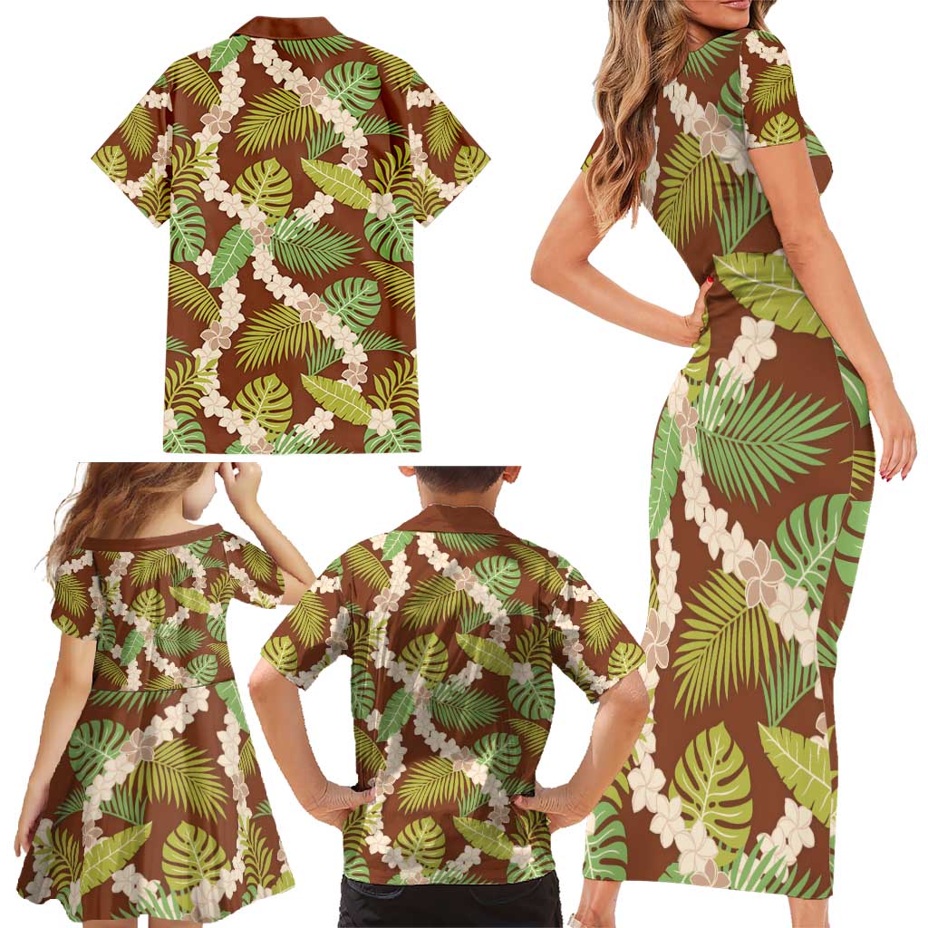 Brown Hawaii Plumeria Lei With Tropical Leaves Family Matching Short Sleeve Bodycon Dress and Hawaiian Shirt LT14 - Polynesian Pride