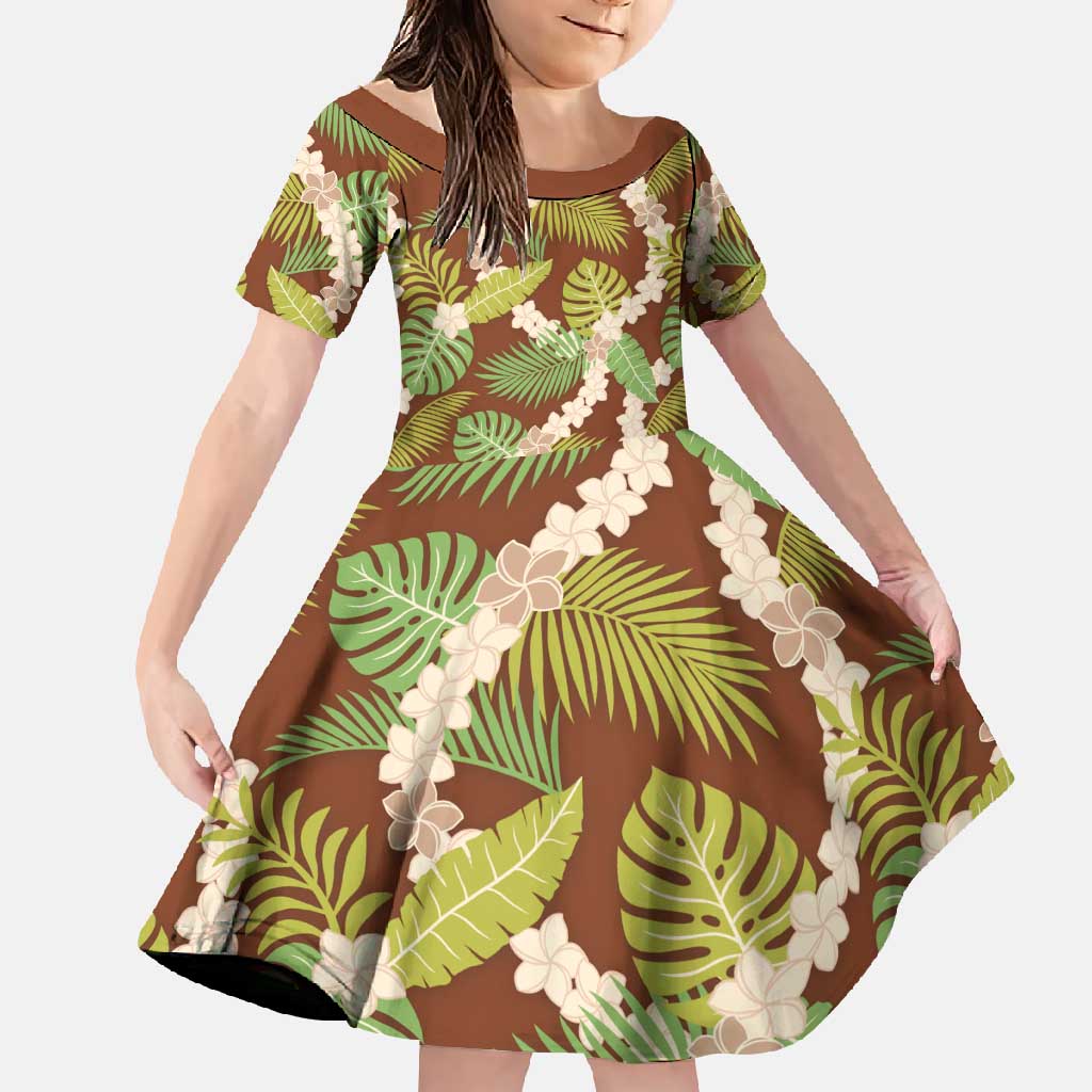 Brown Hawaii Plumeria Lei With Tropical Leaves Family Matching Summer Maxi Dress and Hawaiian Shirt LT14 Daughter's Dress Brown - Polynesian Pride
