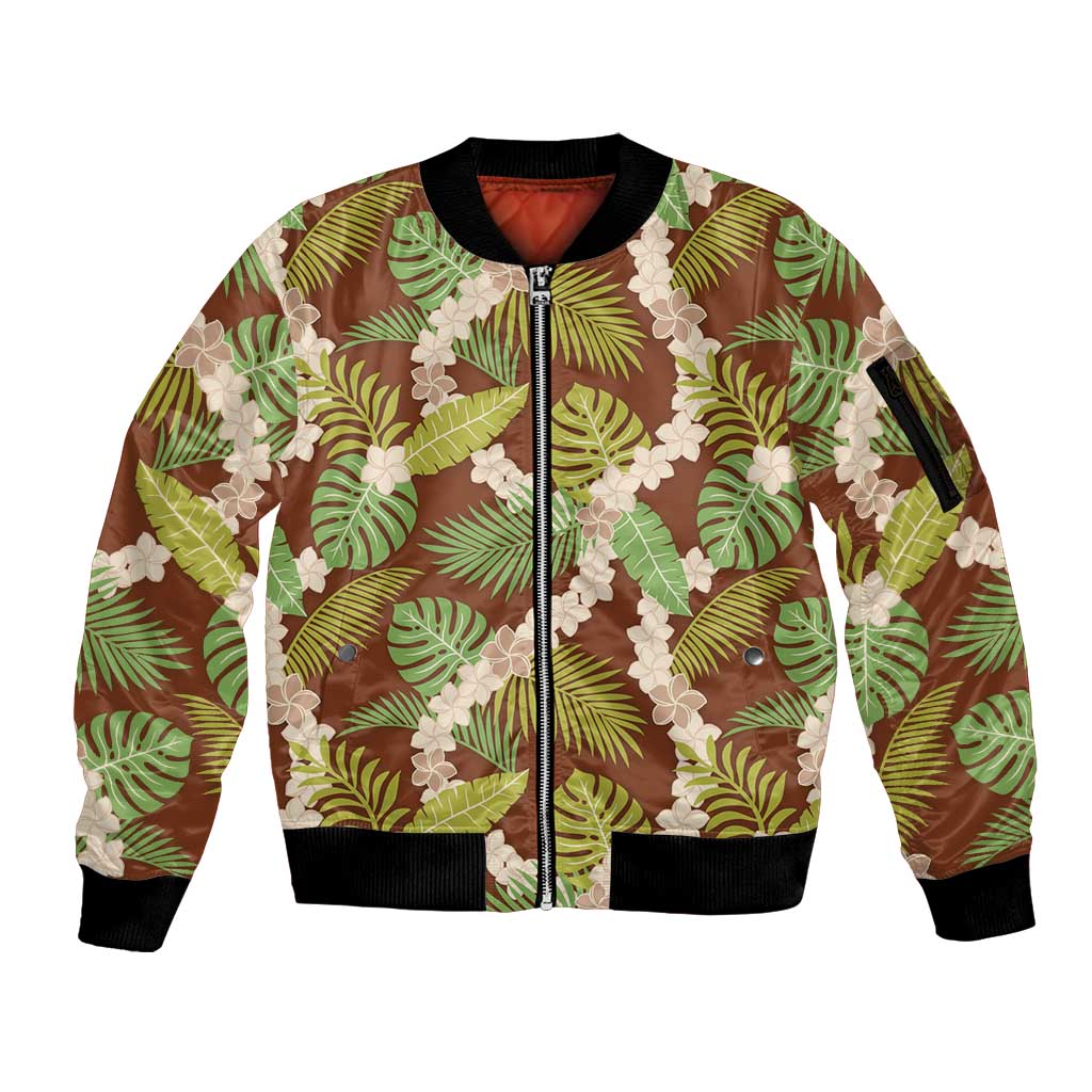 Brown Hawaii Plumeria Lei With Tropical Leaves Sleeve Zip Bomber Jacket LT14 Unisex Brown - Polynesian Pride