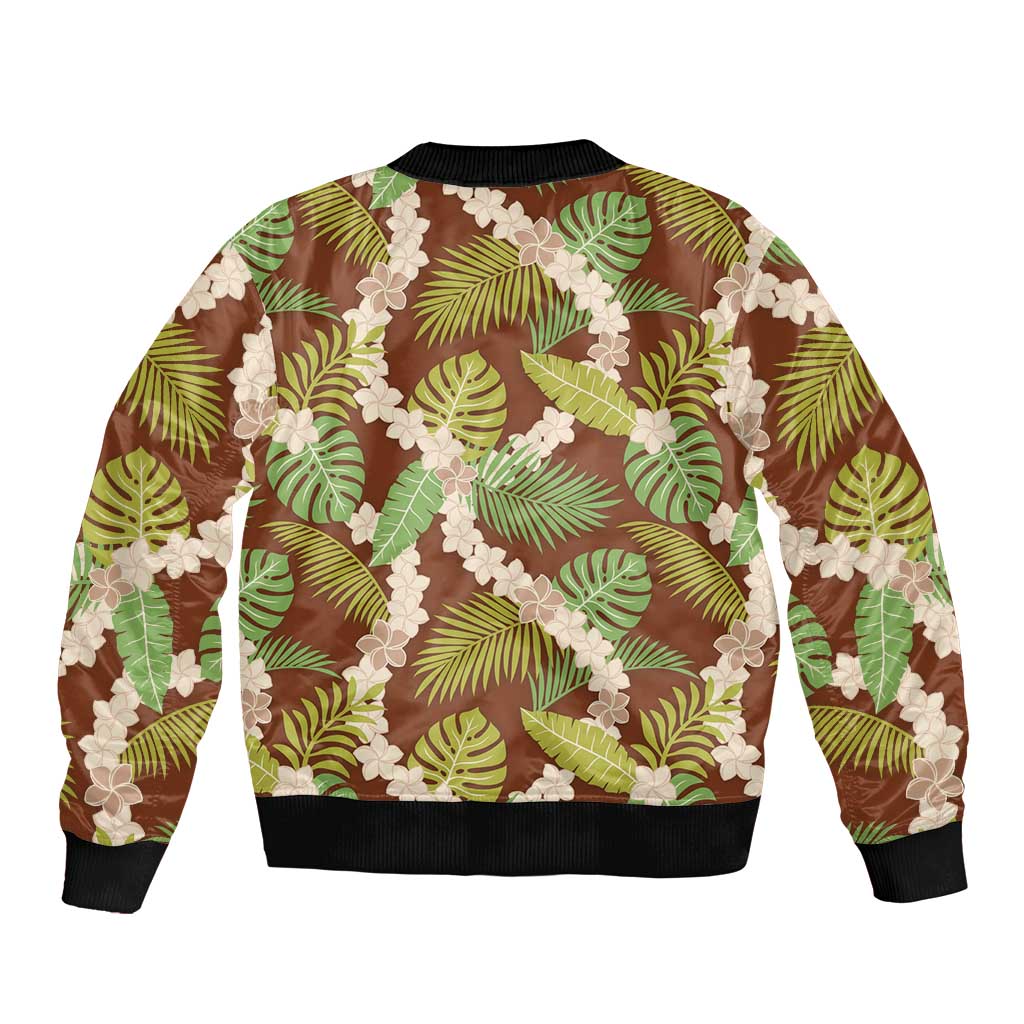 Brown Hawaii Plumeria Lei With Tropical Leaves Sleeve Zip Bomber Jacket LT14 - Polynesian Pride