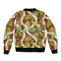 Brown Hawaii Plumeria Lei With Tropical Leaves Sleeve Zip Bomber Jacket LT14 - Polynesian Pride