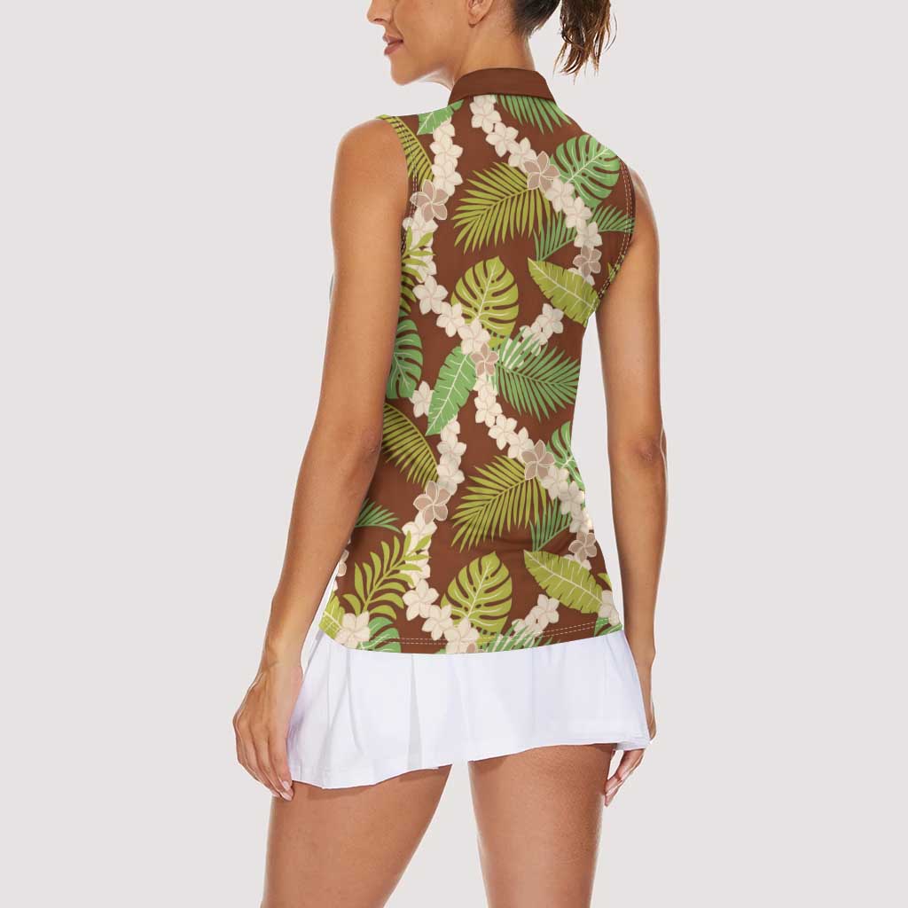Brown Hawaii Plumeria Lei With Tropical Leaves Women Sleeveless Polo Shirt