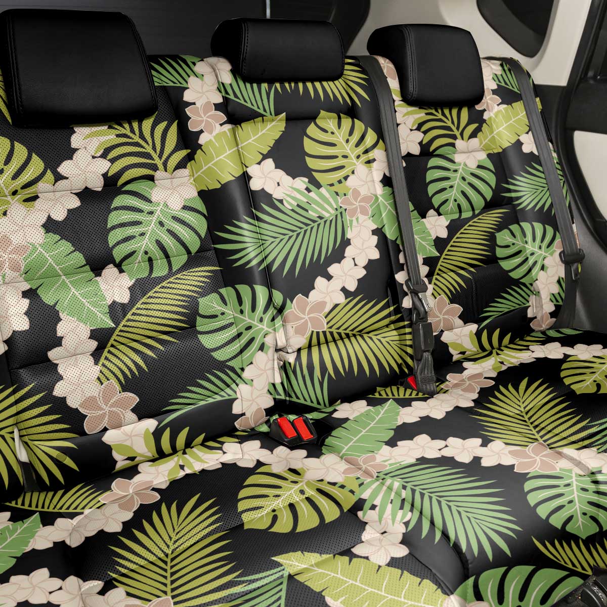 Black Hawaii Plumeria Lei With Tropical Leaves Back Car Seat Cover