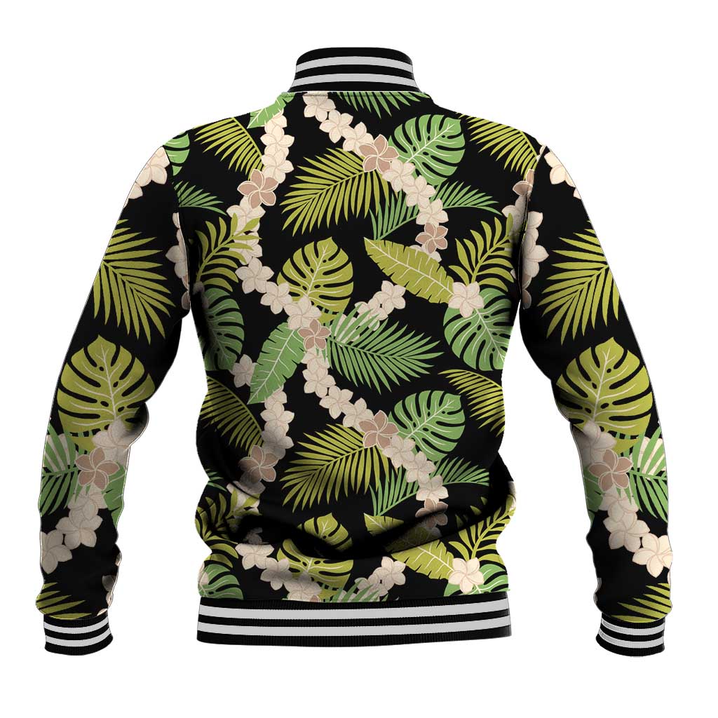 Black Hawaii Plumeria Lei With Tropical Leaves Baseball Jacket