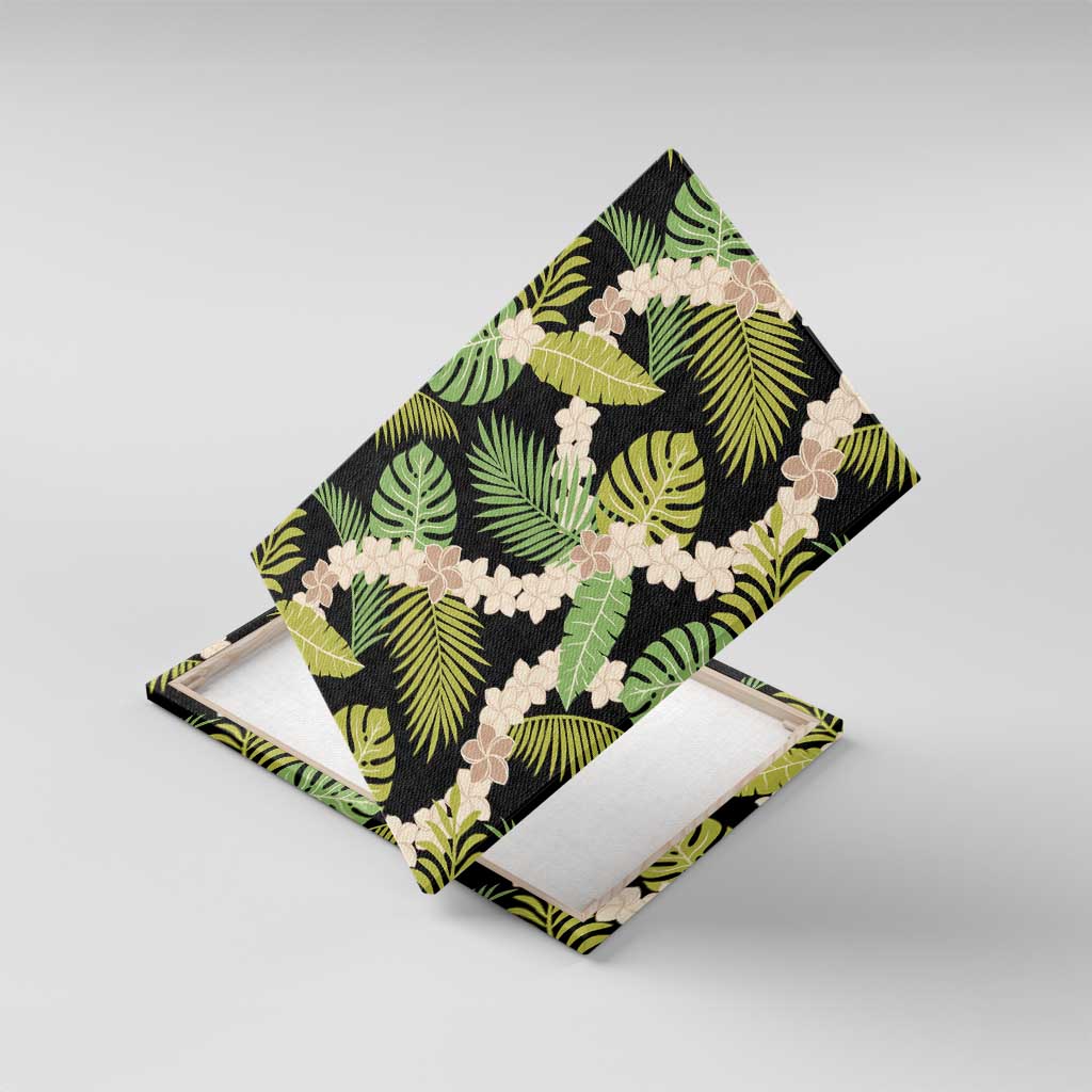Black Hawaii Plumeria Lei With Tropical Leaves Canvas Wall Art