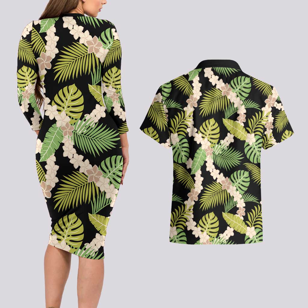 Black Hawaii Plumeria Lei With Tropical Leaves Couples Matching Long Sleeve Bodycon Dress and Hawaiian Shirt