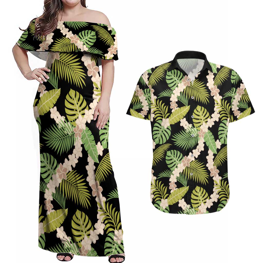 Black Hawaii Plumeria Lei With Tropical Leaves Couples Matching Off Shoulder Maxi Dress and Hawaiian Shirt