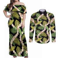 Black Hawaii Plumeria Lei With Tropical Leaves Couples Matching Off Shoulder Maxi Dress and Long Sleeve Button Shirt