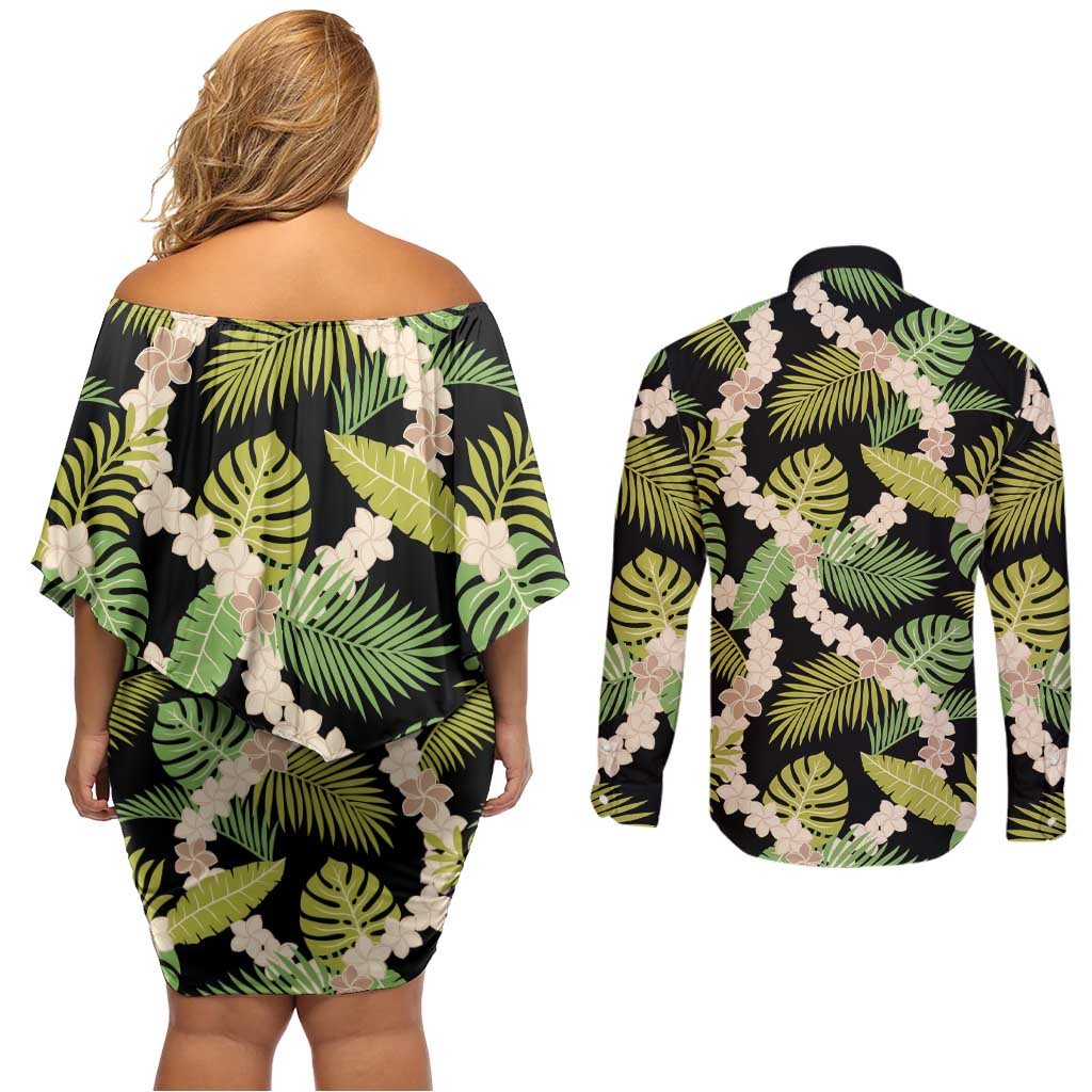 Black Hawaii Plumeria Lei With Tropical Leaves Couples Matching Off Shoulder Short Dress and Long Sleeve Button Shirt