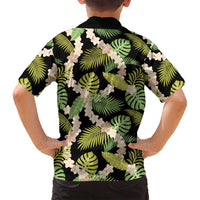 Black Hawaii Plumeria Lei With Tropical Leaves Family Matching Long Sleeve Bodycon Dress and Hawaiian Shirt