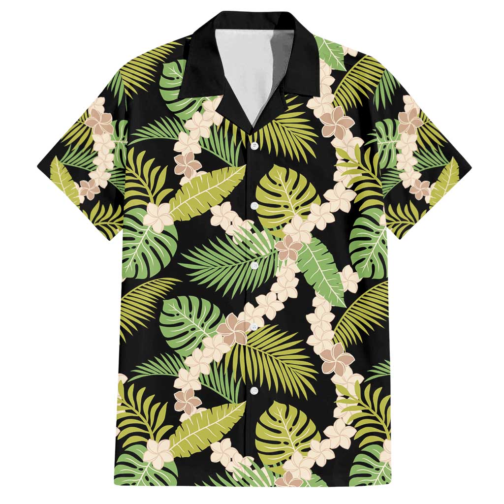 Black Hawaii Plumeria Lei With Tropical Leaves Family Matching Long Sleeve Bodycon Dress and Hawaiian Shirt