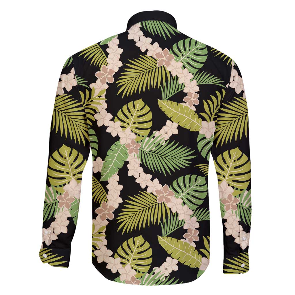 Black Hawaii Plumeria Lei With Tropical Leaves Family Matching Long Sleeve Bodycon Dress and Hawaiian Shirt