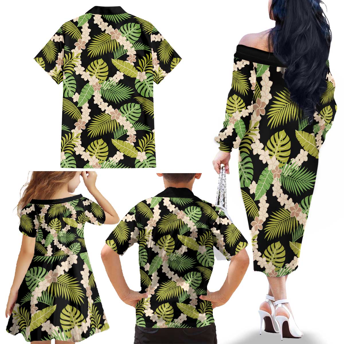 Black Hawaii Plumeria Lei With Tropical Leaves Family Matching Off The Shoulder Long Sleeve Dress and Hawaiian Shirt