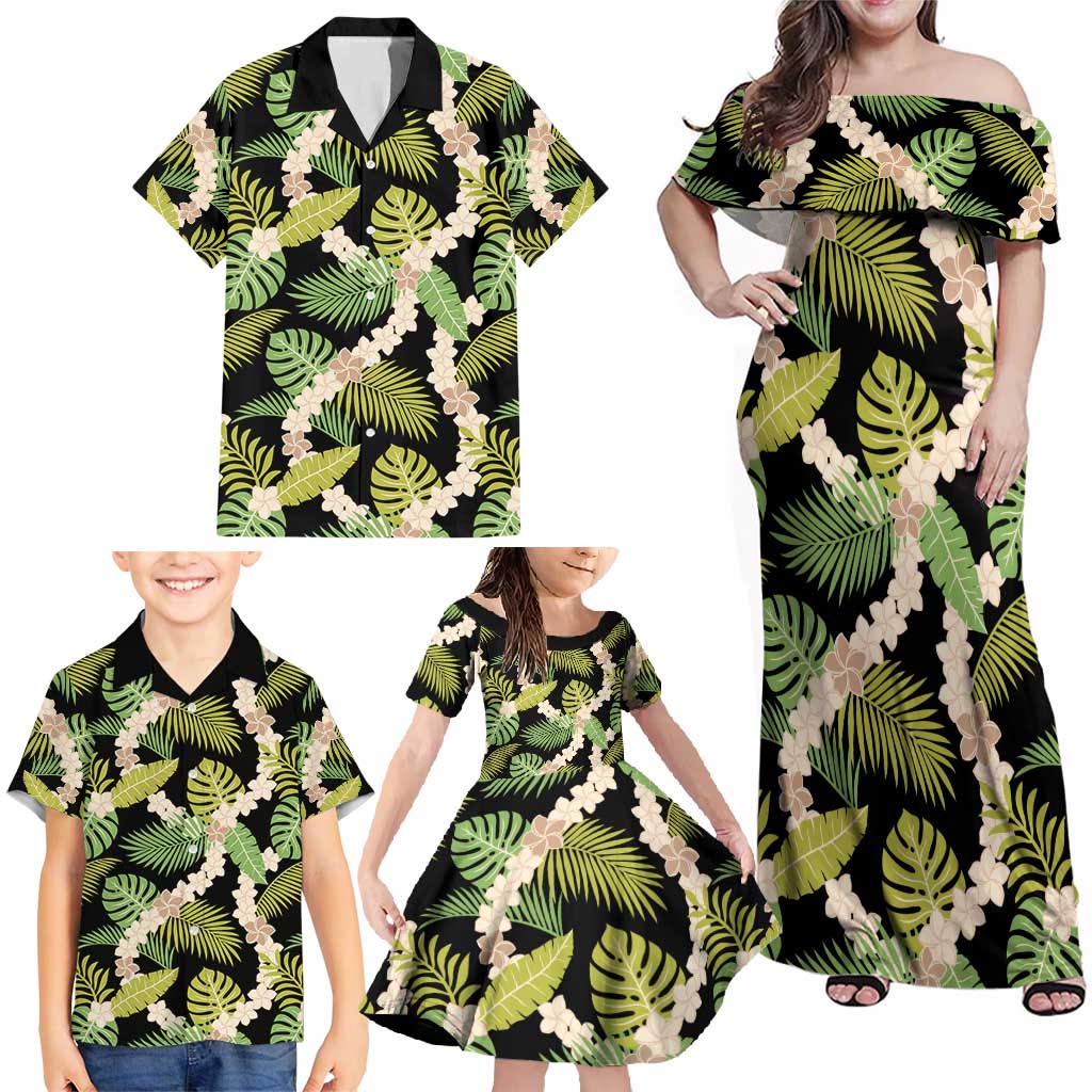 Black Hawaii Plumeria Lei With Tropical Leaves Family Matching Off Shoulder Maxi Dress and Hawaiian Shirt