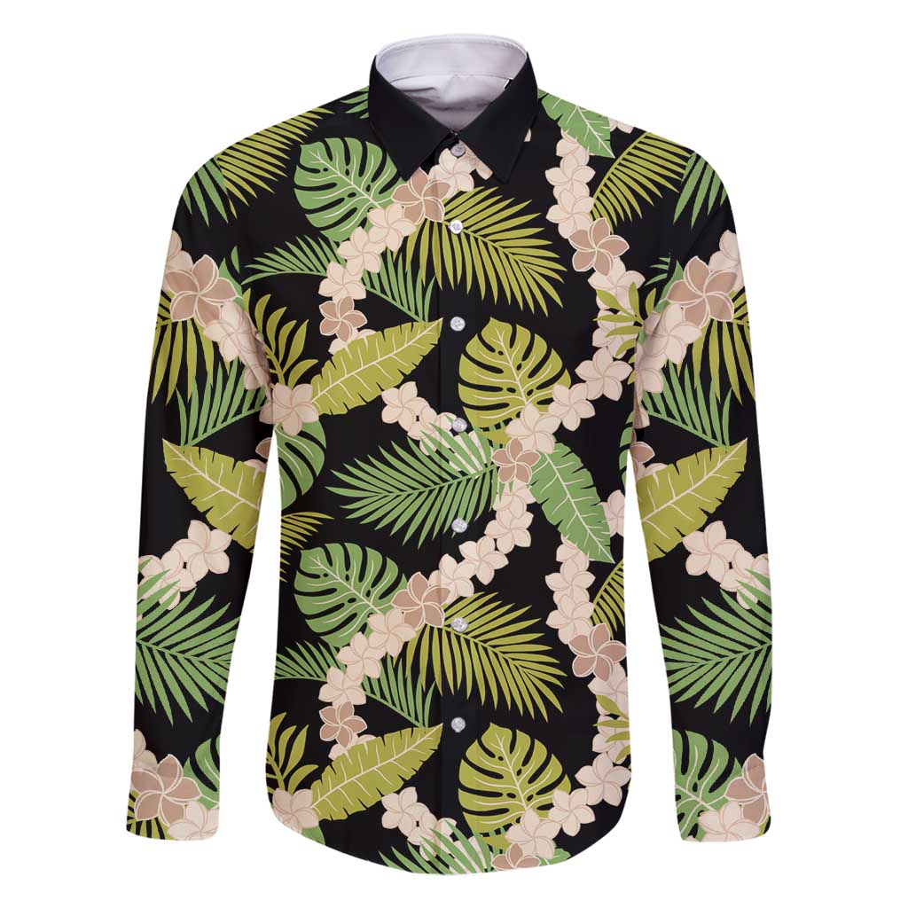 Black Hawaii Plumeria Lei With Tropical Leaves Family Matching Off Shoulder Maxi Dress and Hawaiian Shirt