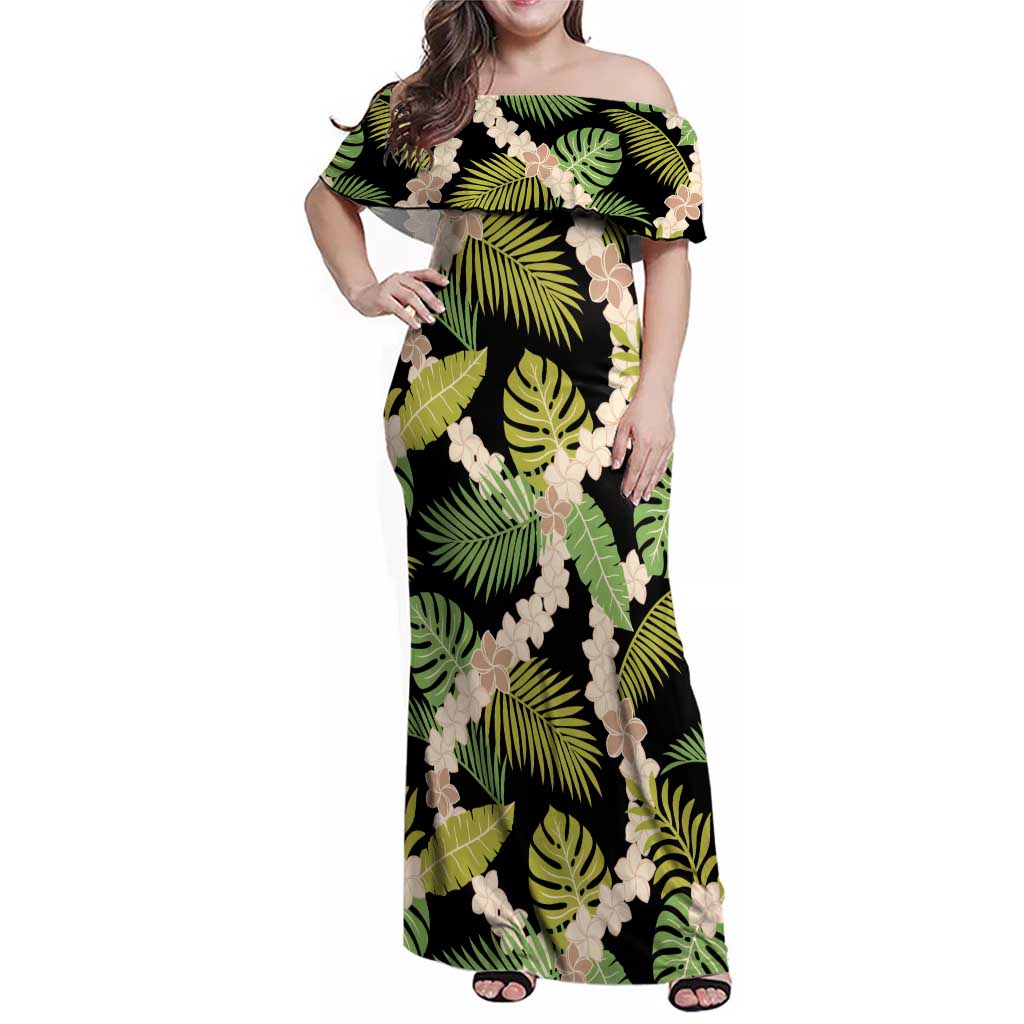 Black Hawaii Plumeria Lei With Tropical Leaves Family Matching Off Shoulder Maxi Dress and Hawaiian Shirt