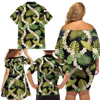Black Hawaii Plumeria Lei With Tropical Leaves Family Matching Off Shoulder Short Dress and Hawaiian Shirt