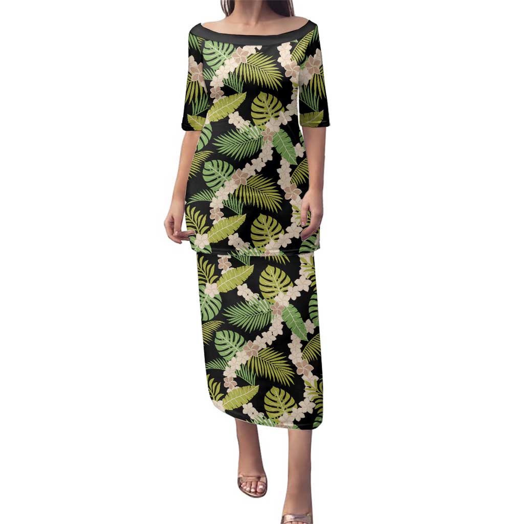 Black Hawaii Plumeria Lei With Tropical Leaves Family Matching Puletasi and Hawaiian Shirt
