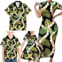 Black Hawaii Plumeria Lei With Tropical Leaves Family Matching Short Sleeve Bodycon Dress and Hawaiian Shirt