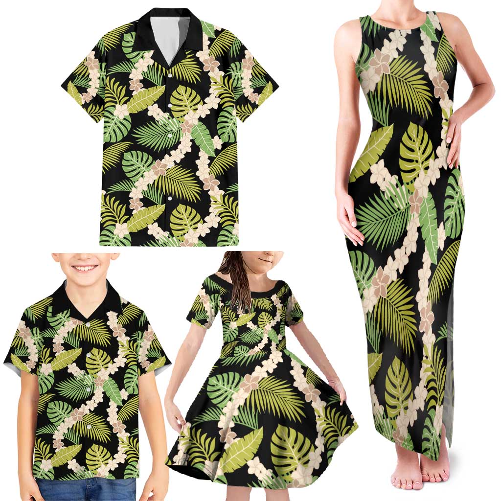 Black Hawaii Plumeria Lei With Tropical Leaves Family Matching Tank Maxi Dress and Hawaiian Shirt