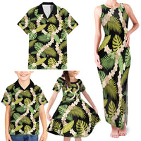 Black Hawaii Plumeria Lei With Tropical Leaves Family Matching Tank Maxi Dress and Hawaiian Shirt