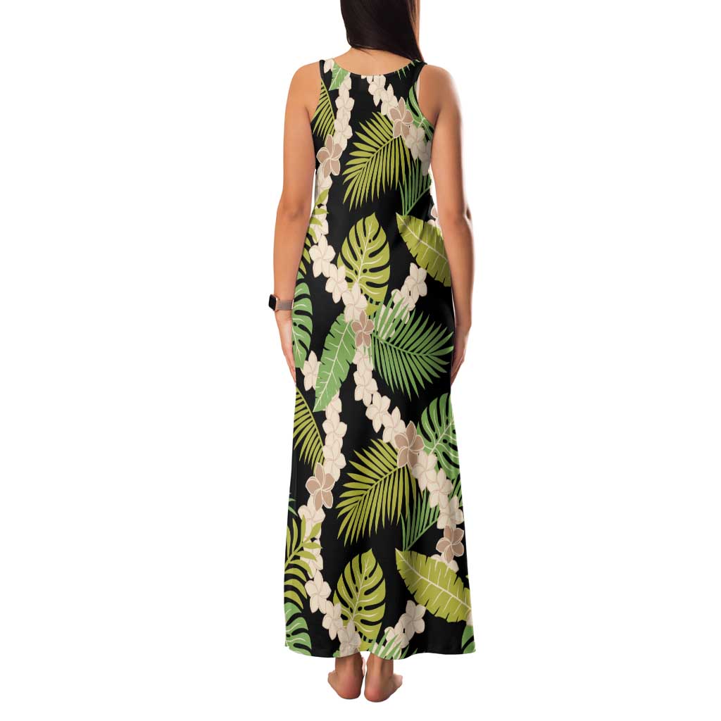 Black Hawaii Plumeria Lei With Tropical Leaves Family Matching Tank Maxi Dress and Hawaiian Shirt