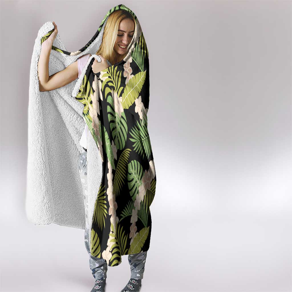 Black Hawaii Plumeria Lei With Tropical Leaves Hooded Blanket