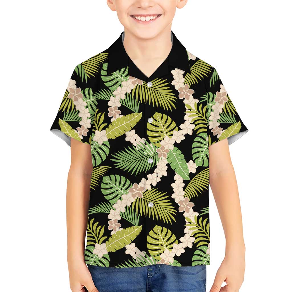 Black Hawaii Plumeria Lei With Tropical Leaves Kid Hawaiian Shirt