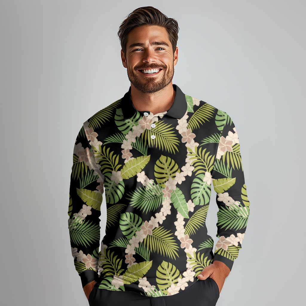 Black Hawaii Plumeria Lei With Tropical Leaves Long Sleeve Polo Shirt
