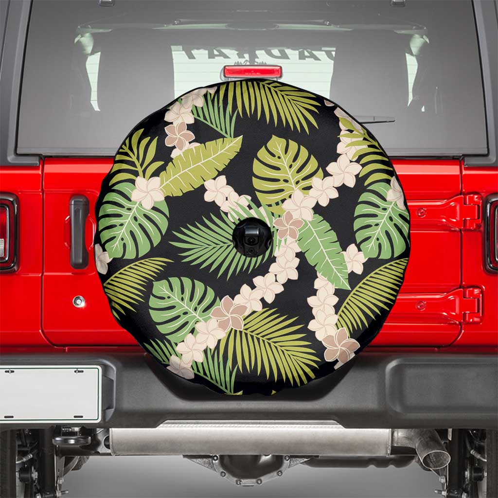 Black Hawaii Plumeria Lei With Tropical Leaves Spare Tire Cover