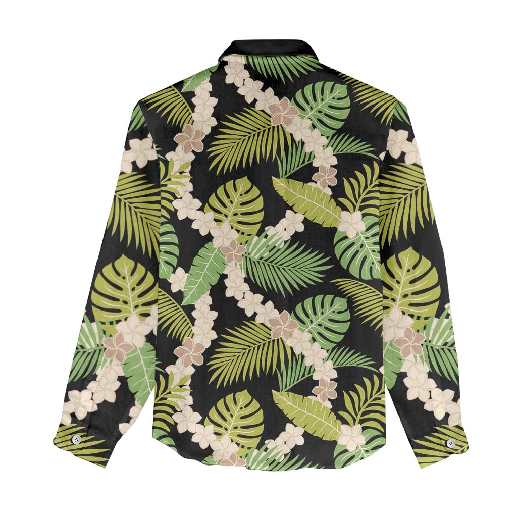 Black Hawaii Plumeria Lei With Tropical Leaves Women Casual Shirt