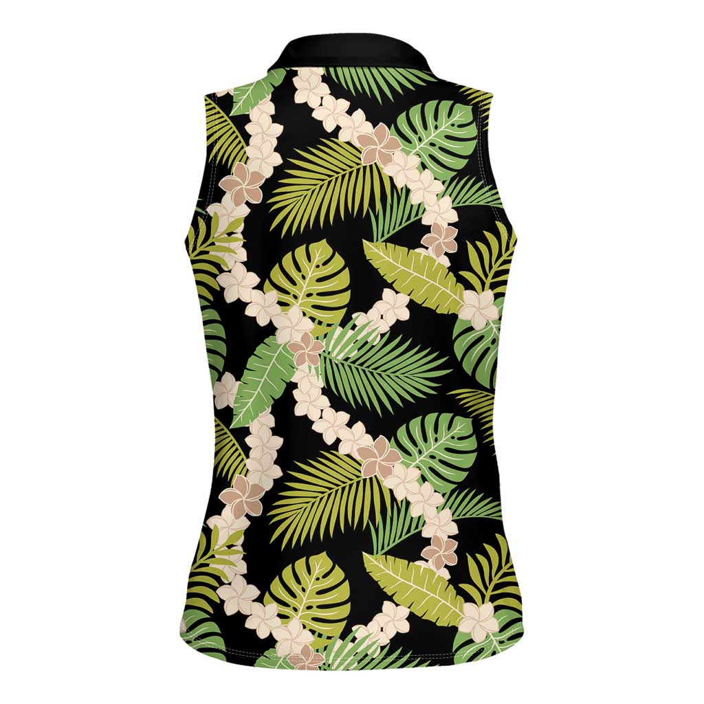 Black Hawaii Plumeria Lei With Tropical Leaves Women Sleeveless Polo Shirt