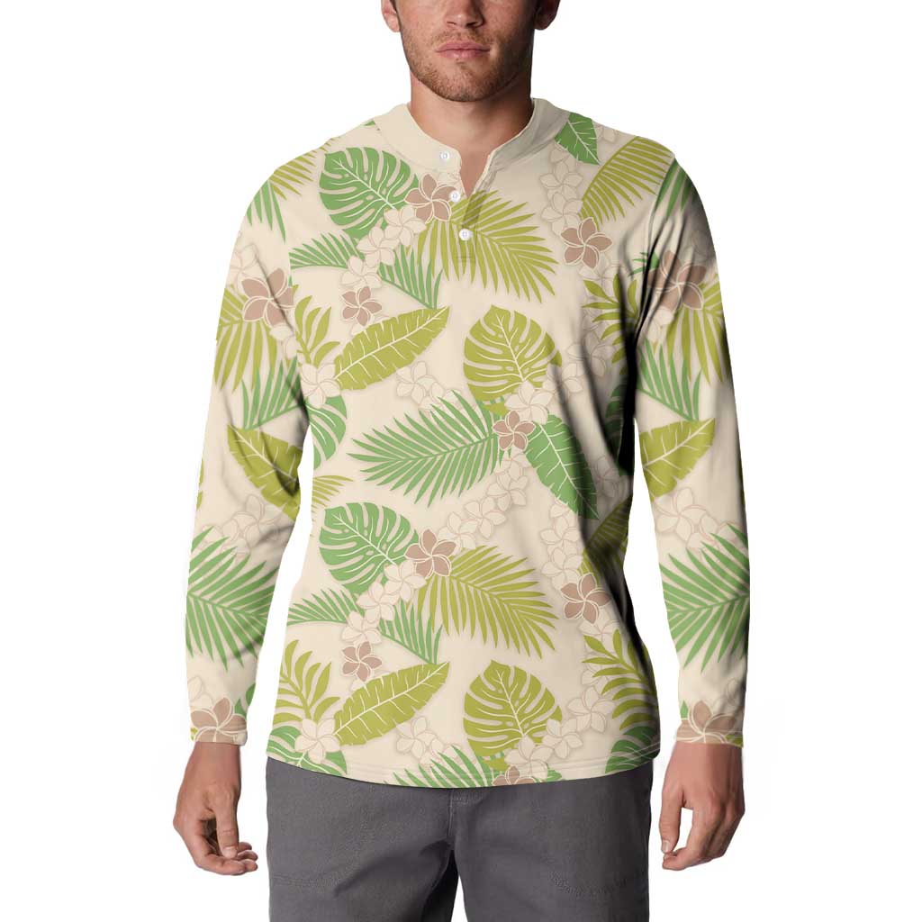 Beige Hawaii Plumeria Lei With Tropical Leaves Button Sweatshirt